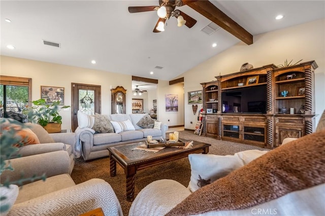 carpeted living room featuring ceiling fan and lofted ceiling with beams