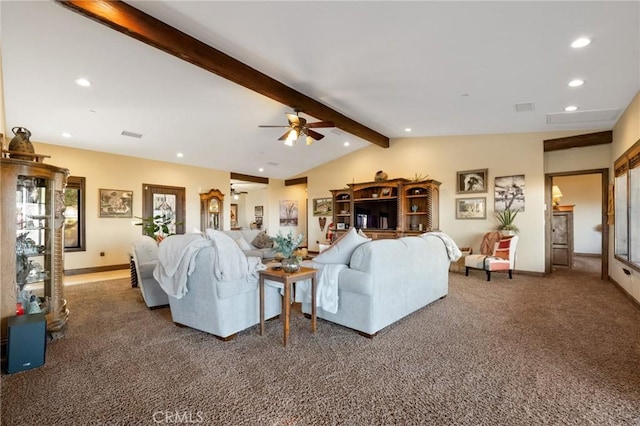 carpeted living room featuring vaulted ceiling with beams and ceiling fan