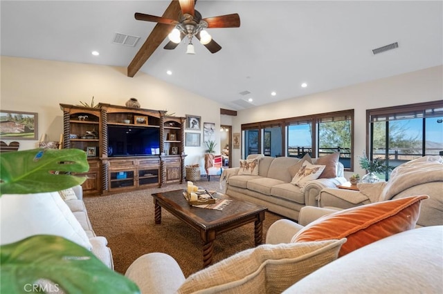 living room featuring carpet, vaulted ceiling with beams, and ceiling fan