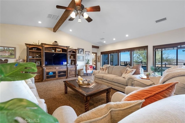 61138 Onaga Trl, Joshua Tree, CA 92252 - living room featuring ceiling fan, carpet flooring, and recessed lighting