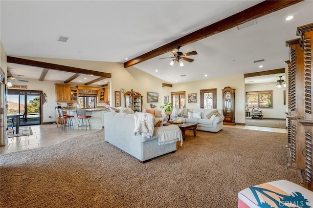 61138 Onaga Trl, Joshua Tree, CA 92252 - living room featuring ceiling fan, recessed lighting, plenty of natural light, and light tile patterned floors