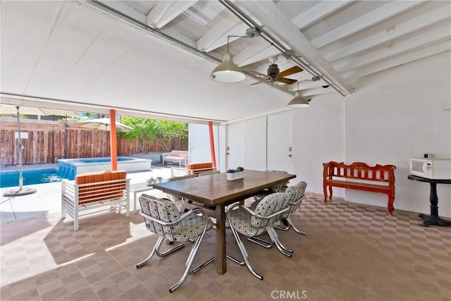 interior space featuring a pool with hot tub and ceiling fan