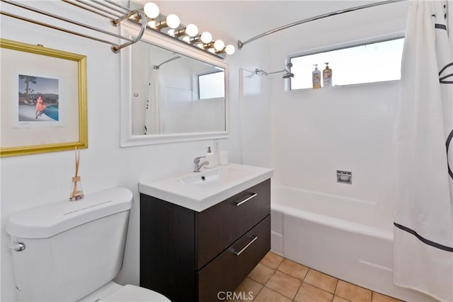 full bathroom featuring tile patterned floors, vanity, shower / bathtub combination with curtain, and toilet