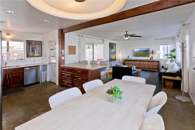 dining area with a tray ceiling and ceiling fan