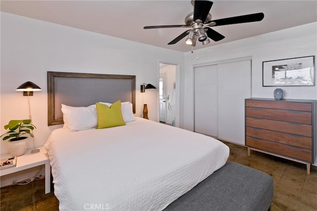 bedroom with ceiling fan and a closet