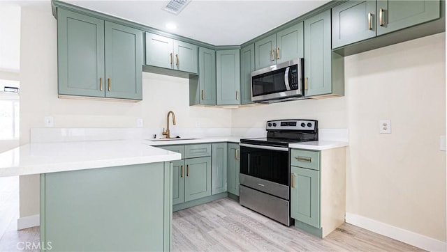 kitchen featuring kitchen peninsula, appliances with stainless steel finishes, light hardwood / wood-style floors, and sink