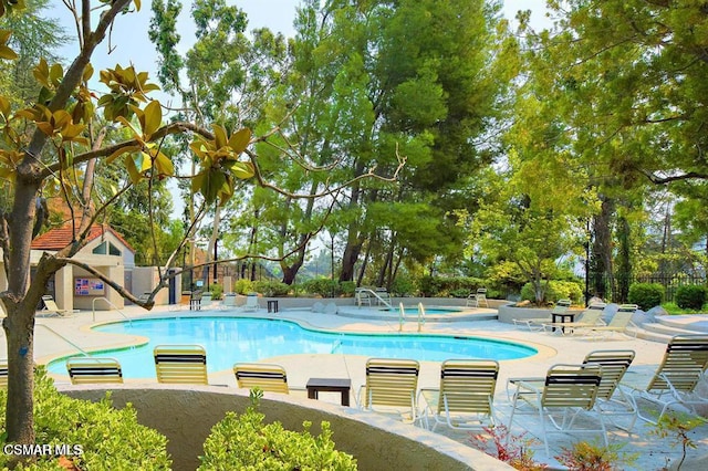 view of swimming pool featuring a community hot tub and a patio area