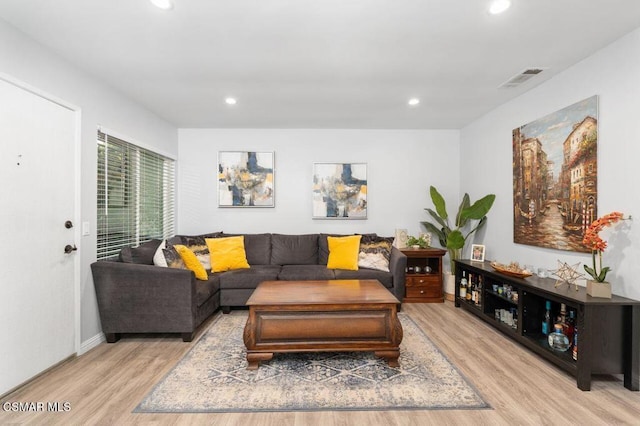 living room with light hardwood / wood-style flooring