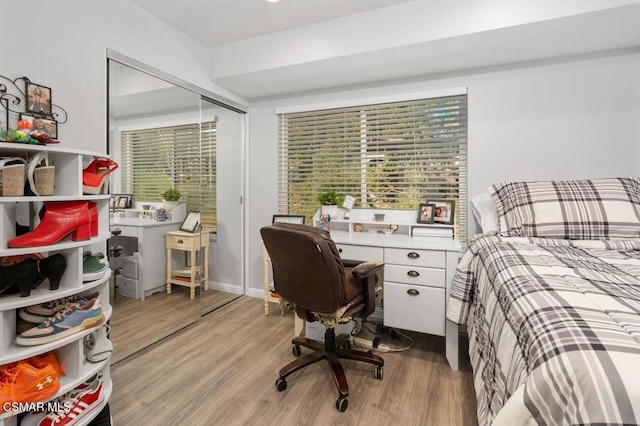 bedroom with light hardwood / wood-style floors and a closet