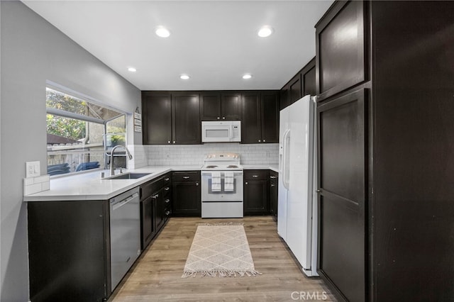 kitchen with sink, light hardwood / wood-style flooring, backsplash, white appliances, and dark brown cabinets