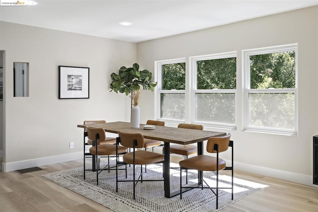 dining area with a healthy amount of sunlight and light hardwood / wood-style floors