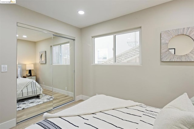 bedroom featuring a closet and wood-type flooring