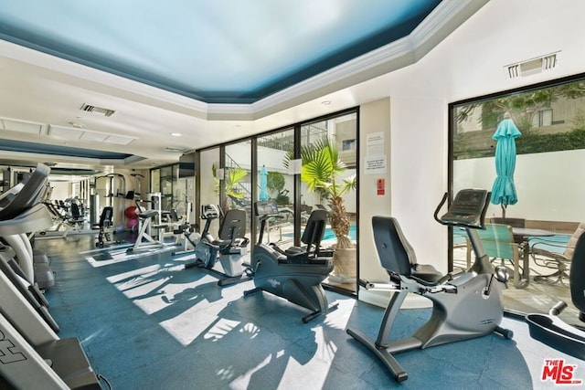 gym with crown molding and a tray ceiling