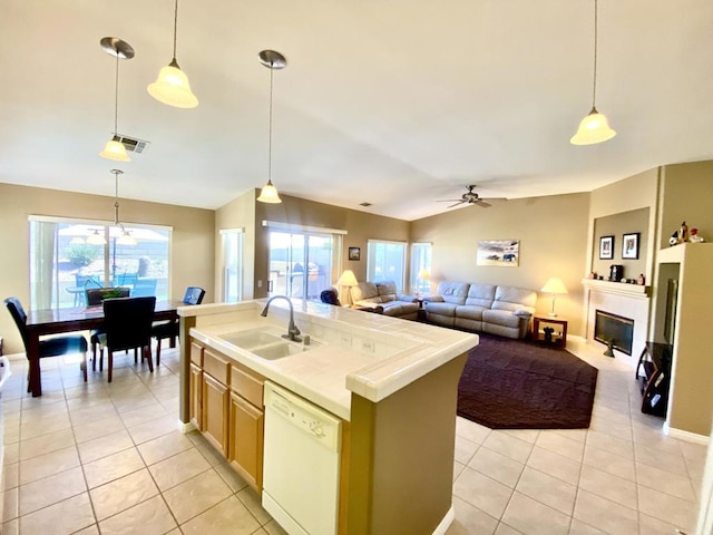 kitchen with dishwasher, an island with sink, plenty of natural light, and sink