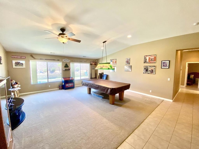 playroom with light tile patterned floors, ceiling fan, lofted ceiling, and pool table