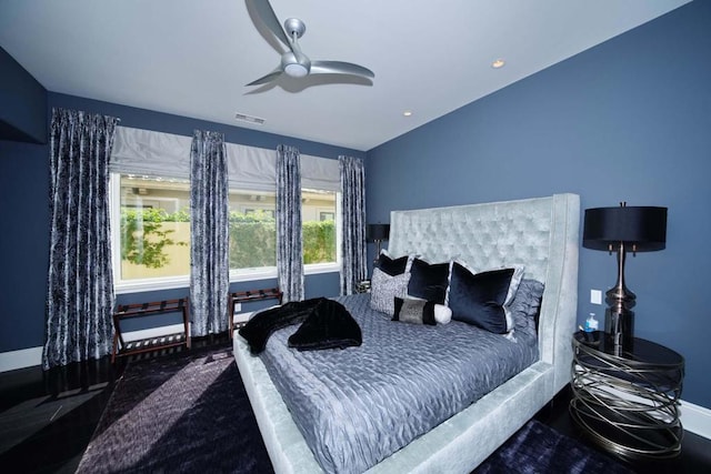 bedroom with vaulted ceiling and ceiling fan