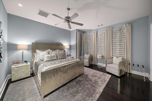 bedroom featuring dark hardwood / wood-style floors and ceiling fan