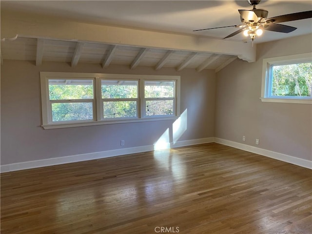 empty room with ceiling fan, lofted ceiling with beams, and dark hardwood / wood-style floors