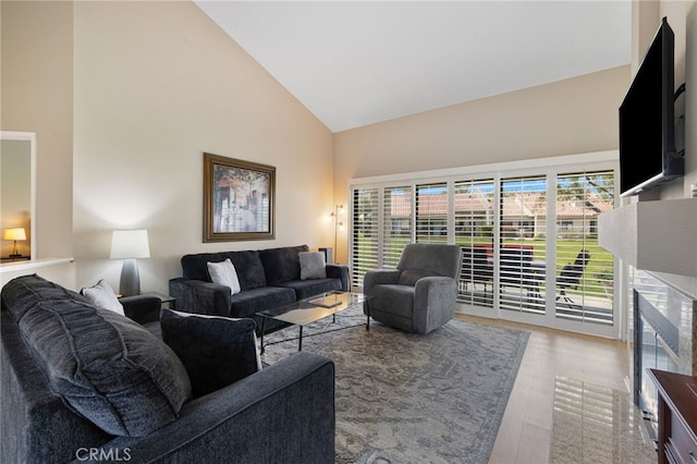 living room with wood-type flooring and high vaulted ceiling