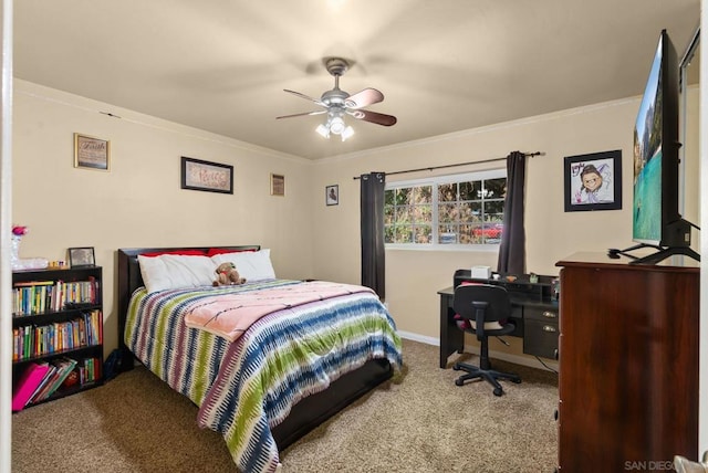 bedroom with carpet flooring, ceiling fan, and crown molding