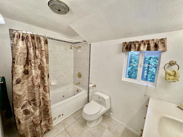 full bathroom with tile patterned floors, vaulted ceiling, toilet, a textured ceiling, and shower / tub combo with curtain