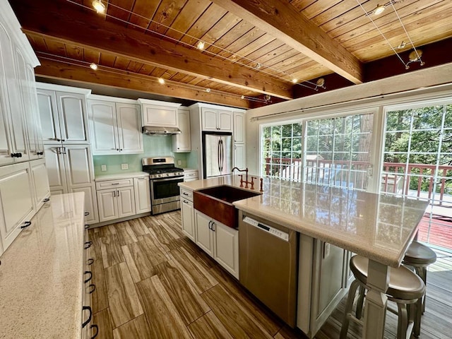 kitchen with wood ceiling, stainless steel appliances, sink, beam ceiling, and white cabinets