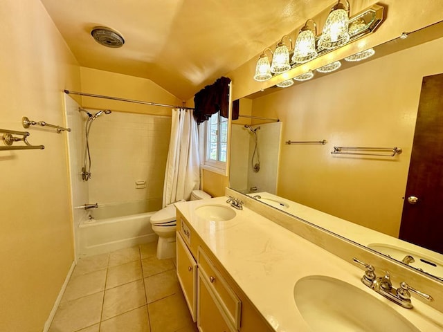 full bathroom featuring vanity, lofted ceiling, tile patterned floors, toilet, and shower / tub combo with curtain