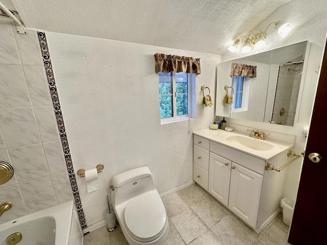 full bathroom featuring vanity, toilet, shower / bath combination, and a textured ceiling