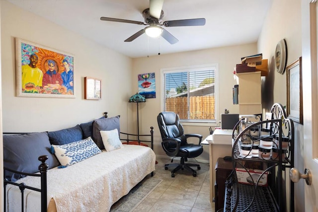 bedroom with ceiling fan and light tile patterned flooring