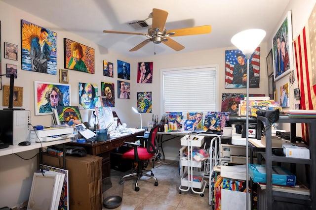 office space with ceiling fan and light tile patterned floors