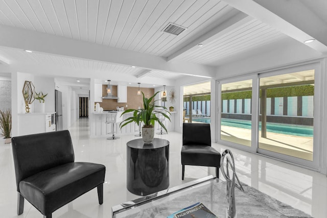 living room featuring wooden ceiling and beamed ceiling