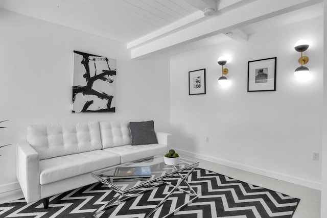 living room featuring wooden ceiling and beamed ceiling