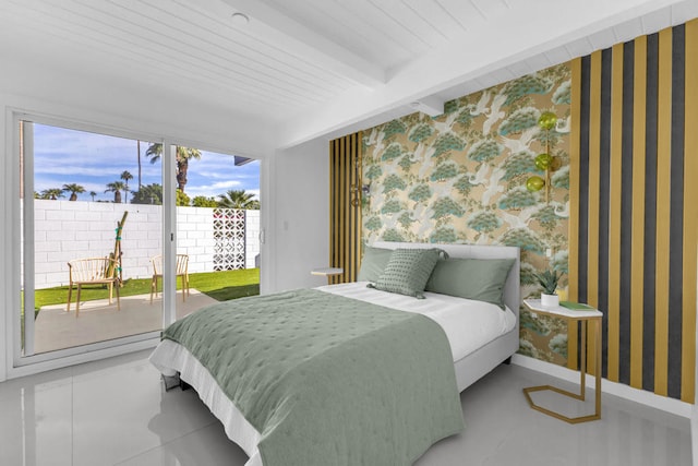 bedroom featuring tile patterned flooring, access to exterior, and beam ceiling