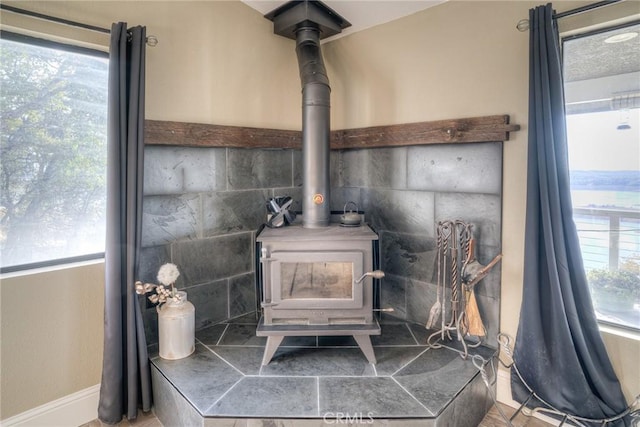 room details featuring a wood stove