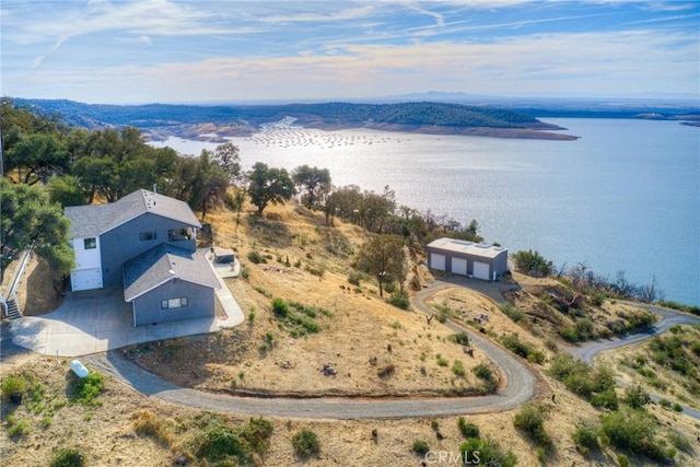 aerial view featuring a water view