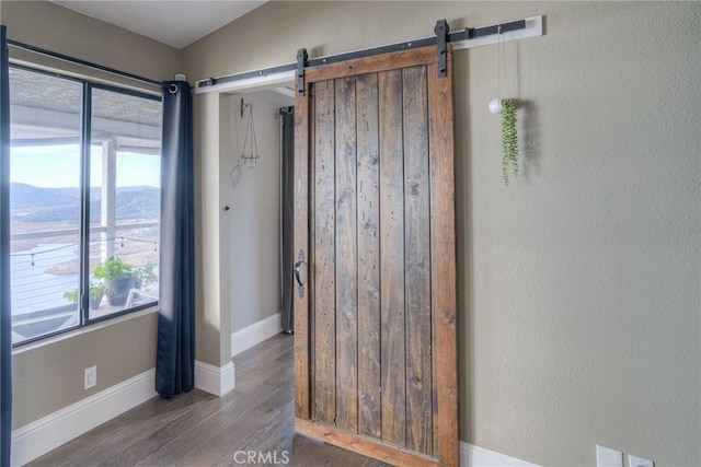 empty room featuring a mountain view, a healthy amount of sunlight, dark hardwood / wood-style flooring, and a barn door