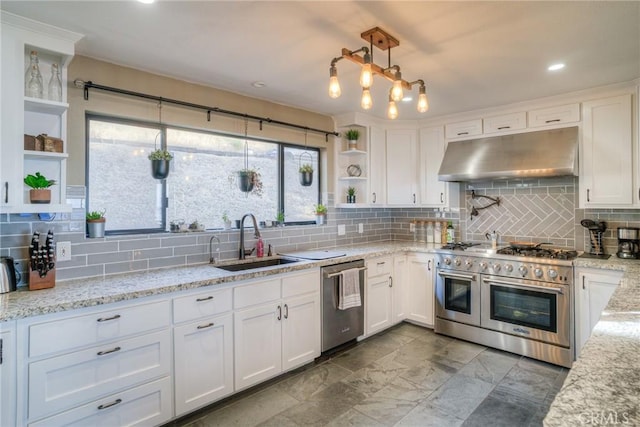 kitchen featuring appliances with stainless steel finishes, backsplash, sink, decorative light fixtures, and white cabinetry