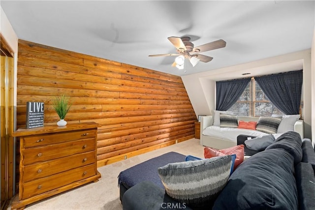 living room with carpet floors, rustic walls, and ceiling fan