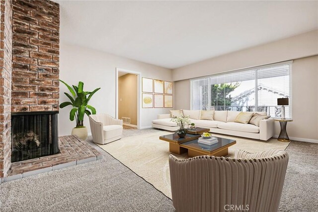 carpeted living room featuring a fireplace