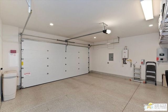 garage featuring a garage door opener, electric panel, and tankless water heater