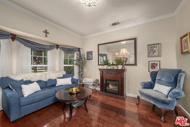 living room with crown molding and dark wood-type flooring