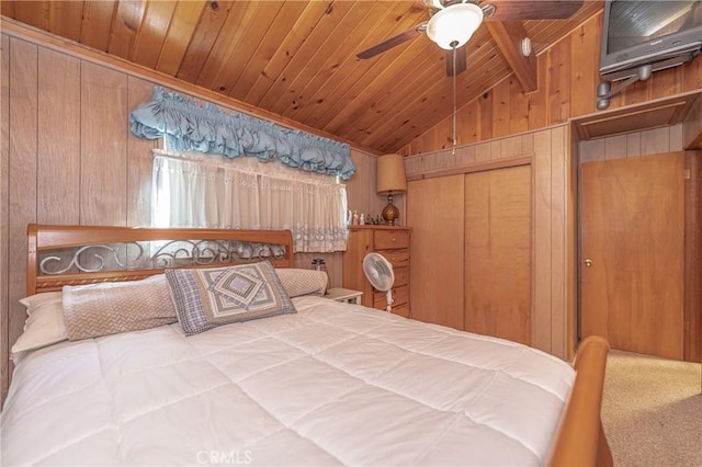 bedroom featuring ceiling fan, wooden ceiling, wooden walls, and vaulted ceiling