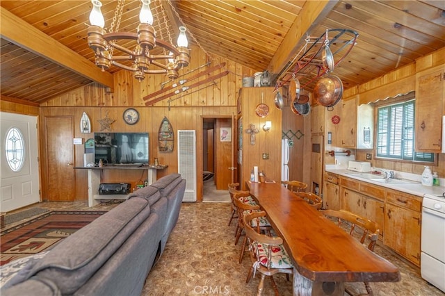 kitchen featuring vaulted ceiling with beams, wood walls, sink, and wooden ceiling