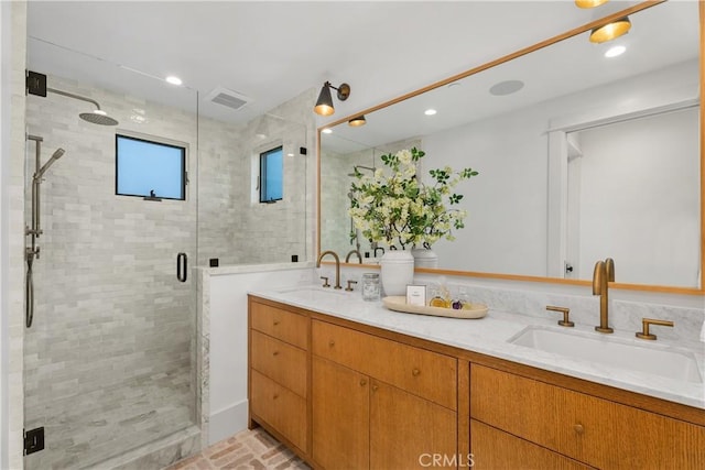 337 Holmwood Dr, Newport Beach, CA 92663 - full bathroom featuring a shower stall, double vanity, brick flooring, and recessed lighting