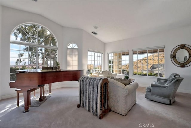 living room with carpet, a healthy amount of sunlight, and vaulted ceiling