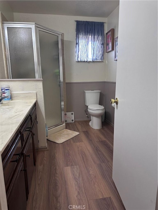 bathroom with vanity, toilet, a shower with door, and wood-type flooring