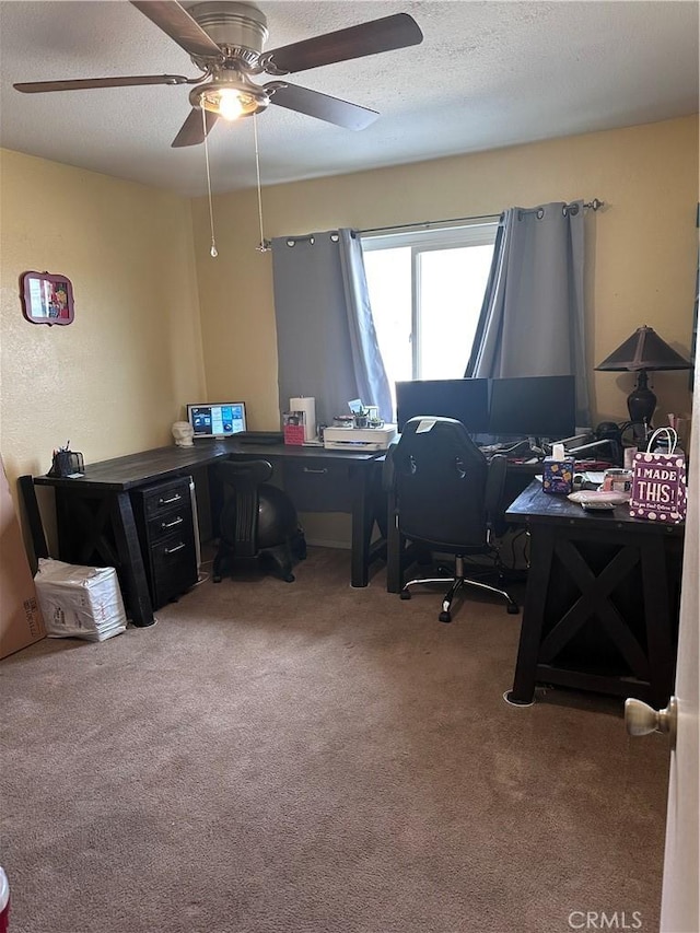 office area with ceiling fan, carpet floors, and a textured ceiling