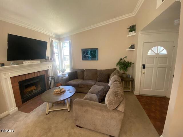 living room with a fireplace, parquet floors, and ornamental molding