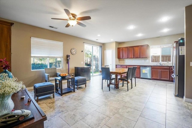 31616 Umbria Ln, Winchester, CA 92596 - dining space featuring light tile patterned floors, baseboards, visible vents, a ceiling fan, and recessed lighting
