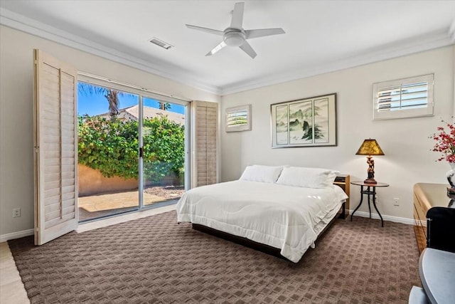 bedroom featuring access to exterior, ceiling fan, and crown molding